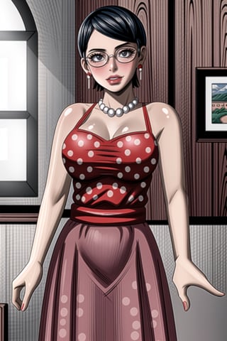 (best quality), (highly detailed), masterpiece, (official art),(sarada, black eyes, jewelry, earrings , glasses, swept bangs),(Stepford),lips, makeup, lipstick,red lips,smile, (pose),(polka dot:1.4), (polka dot dress:1.4),(pearl necklace:1.2), pearl bracelet, bare shoulders,(red dress:1.2),(aroused), nose blush ,standing, big breasts, (large pearl necklace), (hoop earrings:1.2), looking at viewer, window, indoors, scenery, intricately detailed, hyperdetailed, blurry background, depth of field, best quality, masterpiece, intricate details, tonemapping, sharp focus, hyper detailed, trending on Artstation, 1 girl, high res, official art,,,<lora:659111690174031528:1.0>