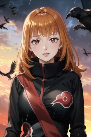 anime, hdr, soft light, ((best quality)), ((masterpiece)), (detailed), mimosa vermillion, wavy hair:1.2, red eyes, red earrings, red hair, orange hair, lips, makeup, head tilt, evil smile:1.2, (lips), (akatsuki outfit:1.2),high neck, high_collar, ((black dress)), long sleeves, looking at viewer, upper body, dutch angle, village, (((crows))),sunset, rain, water drop, nature, ,akatsuki outfit, bird, crow, eagle, black feathers, bird on shoulder, sunset, orange sky, outdoors, upper body,fantasy00d,