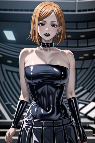 ((best quality)), ((highly detailed)), masterpiece, (Black lips:1.4), ((official art)), detailed face, beautiful face, nobara kugisaki, brown hair, Orange hair, black eyes,(lips), 1girl, solo,  looking at viewer, earrings, jewelry, blush, collarbone, jewlery, ((miniskirt)),(latex:1.4), navel, (black tank top), ((strapless:1.2)), pleated skirt, ,  (intricately detailed, hyperdetailed), blurry background, depth of field, best quality, masterpiece, intricate details, tonemapping, sharp focus, hyper detailed, trending on Artstation, 1 girl, solo, high res, official art ,collar,b1mb0,StandingAtAttention,empty 
eyes,RockOfSuccubus,,<lora:659111690174031528:1.0>