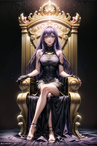 (best quality), (highly detailed), masterpiece, (official art), (sasha, purple hair, long hair, green eyes), (((black dress))), lips, gloves, sitting, full body, female focus ,chair, formal, elegent Dress, glowing eyes, female guards standing on both sides of throne, long curly hair , throne, ,