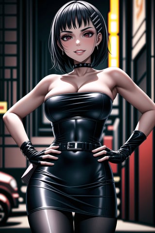 ((best quality)),  ((highly detailed)),  masterpiece,  ((official art)),  detailed face,  beautiful face,  (detailed eyes,  deep eyes),((extended_arm, presenting_gift, shopping_bag, gift_giving, front_view, gesture)),(science fiction, cyberpunk:1.2, street, shopping, dark background),((smirk, grin, naughty face, seductive smile, smug, arm behind head, hand_on_own_hip, head_tilt)),, ,cowboy shot,(lips), ,kirigaya suguha, blunt bangs, short bangs, black hair:1.3, short hair, hair ornament, hairclip,(red eyes),  cross-laced clothes, (spiked bracelet), corset, hoop earring, curvaceous, voluptuous body, (makeup:1.3) (lips:1.3), (latex),  (black tube top:1.2), gloves, fingerless gloves, skirt, black choker, belt, pencil skirt, pantyhose, miniskirt, (black skirt), black gloves, black legwear, black choker, medium breast,large breasts, conspicuous elegance, snobby, upper class elitist, possesses an arroaant charm. her Dresence commands attention and enw, (intricately detailed, hyperdetailed), blurry background, depth of field, best quality, masterpiece, intricate details, tonemapping, sharp focus, hyper detailed, trending on Artstation, 1 girl, solo, high res, official art,<lora:659111690174031528:1.0>