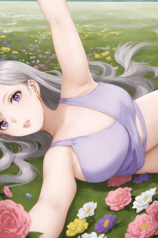 masterpiece, best quality, highres,Sexy, noelle_silva, dreamy purple eyes, earrings, with astounding soft skin and soft pale body, body covered in noelles flowers, (long silver wavy hair flowing around her until mid-thigs:1.05), sensual look, looking at you, lips, lying on a field of noelles, fulll body, frontal view, strange fashion Women'sday_theme (Professional illustration)