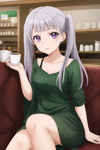 Lovely cute young attractive indian  girl, 35 years old, cute model, long black_hair, black  hair, They are wearing a   green kurta, and she is sit in coffee shop, noelle_silva, purple eyes, (twintail silver hair:1.05)