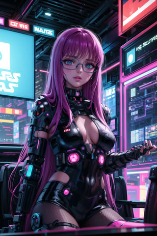 masterpiece,best quality,highres,ultra-detailed,purple hair, long hair, Saori, ((hacker)), ,fishnets ,computer, monitor, wive, cable,(( cyberpunk)), indoors, neon nigth, ((Cyborg)), ((star wars)), chip, cyberpunk, collar, confident and curious gaze, futuristic cyberpunk hacker attire, high-tech bodysuit with glowing circuitry patterns, fingerless gloves and augmented reality glasses, underground hacker den, surrounded by screens displaying code and data, typing rapidly on a holographic keyboard, exuding intelligence and tech-savviness, cyberpunk and gritty atmosphere, dark color palette with neon highlights