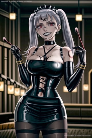 ((best quality)),  ((highly detailed)),  masterpiece, (Black lips:1.4),  ((official art)),  detailed face,  beautiful face, narrow_waist:1.3, dominatrix:1.3,puffy_short_sleeves, (sukunatattoo:1.3, maid:1.4) , (intricate black dress:1.4),top tube,  navel, midriff, (pubic tattoo:1.3), (detailed eyes,  deep eyes),(science fiction, cyberpunk:1.3, street, shopping, dark background),((smirk, grin, naughty face, seductive smile, smug)) ,,(lips), ((noelle_silva, silver hair,twintails, bangs, earrings, jewelry)) ,(red eyes:1.3),  cross-laced clothes:1.3, (spiked bracelet), corset:1.4, hoop earring, curvaceous, voluptuous body, (makeup) (lips:1.3), (latex),  (black tube top:1.2), gloves, elbow gloves, skirt, black choker, belt, pencil skirt, pantyhose, miniskirt, (black skirt), black gloves, black legwear, black choker ,large breasts, (intricately detailed, hyperdetailed), blurry background, depth of field, best quality, masterpiece, intricate details, tonemapping, sharp focus, hyper detailed, trending on Artstation, 1 girl, solo, high res, official art,RockOfSuccubus,,StandingAtAttention,,<lora:659111690174031528:1.0>