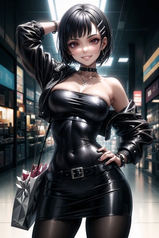 ((best quality)),  ((highly detailed)),  masterpiece,  ((official art)),  detailed face,  beautiful face,  (detailed eyes,  deep eyes),((extended_arm, presenting_gift, shopping_bag, gift_giving, front_view, gesture)),(science fiction, cyberpunk, room, dark background),((smirk, grin, naughty face, seductive smile, smug, arm behind head, hand_on_own_hip, head_tilt)),, ,cowboy shot,(lips), ,kirigaya suguha, blunt bangs, short bangs, black hair:1.3, short hair, hair ornament, hairclip,(red eyes),  cross-laced clothes, (spiked bracelet), necklace, corset, bustier, hoop earring, curvaceous, voluptuous body, navel, (makeup:1.3) (lips:1.3), (latex), (black top), (black tube top:1.2), gloves, fingerless gloves, jacket, skirt, black choker, black leather jacket, (dark jacket), belt, pencil skirt, pantyhose, open jacket, miniskirt, (black skirt), black gloves, black legwear, black choker, medium breast, conspicuous elegance, snobby, upper class elitist, possesses an arroaant charm. her Dresence commands attention and enw, (intricately detailed, hyperdetailed), blurry background, depth of field, best quality, masterpiece, intricate details, tonemapping, sharp focus, hyper detailed, trending on Artstation, 1 girl, solo, high res, official art,kirigaya suguha