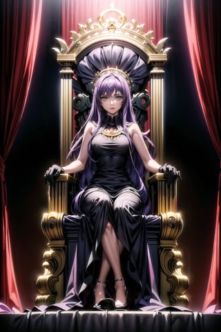 (best quality), (highly detailed), masterpiece, (official art), (sasha, purple hair, long hair, green eyes), (((black dress))), lips, gloves, sitting, full body, female focus ,chair, formal, elegent Dress, glowing eyes, female guards standing on both sides of throne, long curly hair , throne, ,