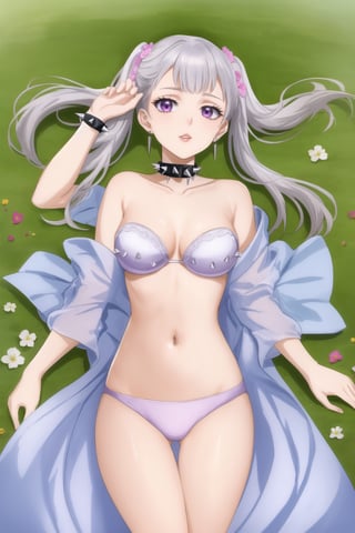 masterpiece, best quality, highres,Sexy, ((spiked collar)) noelle_silva, dreamy purple eyes, earrings, with astounding soft skin and soft pale body, body covered in noelles flowers, (twintail silver hair:1.05), sensual look, looking at you, lips, lying on a field of noelles, fulll body, frontal view, strange fashion Women'sday_theme (Professional illustration)