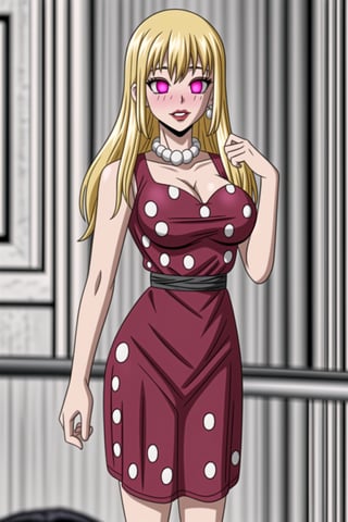 (best quality), (highly detailed), masterpiece, (official art),(ruri,blonde hair, long hair),(Stepford),lips, makeup, lipstick,red lips,smile, (pose),(polka dot:1.4), (polka dot dress:1.4),(pearl necklace:1.2), pearl bracelet, bare shoulders,(red dress:1.2),(aroused), nose blush ,standing, big breasts, (large pearl necklace), (hoop earrings:1.2), (intricately detailed, hyperdetailed), blurry background,depth of field, best quality, masterpiece, intricate details, tonemapping, sharp focus, hyper detailed, trending on Artstation,1 girl, high res,facing viewer, official art,,,boichi anime style,<lora:659111690174031528:1.0>