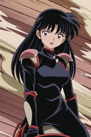 ((best quality)), ((highly detailed)), masterpiece, ((official art), medium breasts, (((bodysuit, pauldrons, armor))),(higurashi kagome, black hair, long hair), (((red eyes))),(((red lips, red eyes,expressionless))), lips,  Japan, intricately detailed, hyperdetailed, blurry background,depth of field, best quality, masterpiece, intricate details, tonemapping, sharp focus, hyper detailed, trending on Artstation,1 girl, high res, official art,beautiful detailed eyes,higurashi kagome,<lora:659111690174031528:1.0>