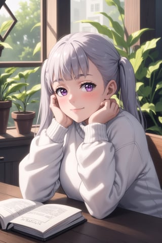 masterpiece, best quality, 1girl, looking at viewer, blush, long sleeves, sitting, closed mouth,  upper body,  indoors, book, window, plant, head rest, book stack, blunt bangs, sweater, soft smile, noelle_silva, twintails, silver hair, bangs, purple eyes