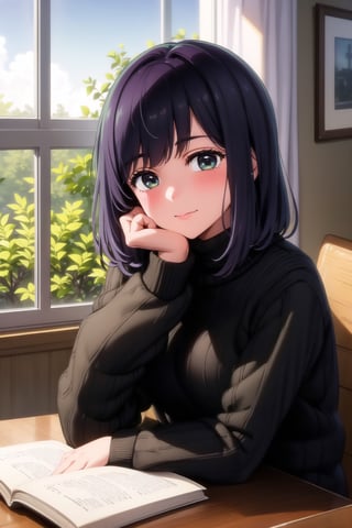 masterpiece, best quality, 1girl, looking at viewer, blush, long sleeves, sitting, closed mouth,  upper body,  indoors, book, window, plant, head rest, book stack, blunt bangs, sweater, soft smile,akane