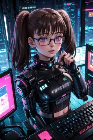 masterpiece,best quality,highres,ultra-detailed,diane, ((twintails)), purple eyes, brown hair, bangs,  ((hacker)), ,fishnets ,computer, monitor, wive, cable,(( cyberpunk)), indoors, neon nigth, ((Cyborg)), ((star wars)), chip, cyberpunk, collar, confident and curious gaze, futuristic cyberpunk hacker attire, high-tech bodysuit with glowing circuitry patterns, fingerless gloves and augmented reality glasses, underground hacker den, surrounded by screens displaying code and data, typing rapidly on a holographic keyboard, exuding intelligence and tech-savviness, cyberpunk and gritty atmosphere, dark color palette with neon highlights