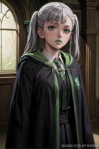 (best quality), (highly detailed), masterpiece, (official art),noelle_silva, twintails, bangs, silver hair , light green eyes, , ((hogrobe)), ((black robe,slytherin)), green tie, magic, (green lips), (lips:1.2),expressionless, (best quality), (highly detailed), masterpiece, (official art), green eyes ,(empty eyes)