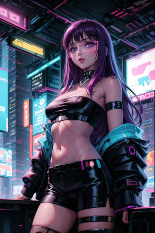 masterpiece,best quality,highres,ultra-detailed,purple hair, long hair, Saori, ((hacker)), ((black tube top,navel)),fishnets ,computer, monitor, wive, cable,(( cyberpunk)), indoors, neon nigth, ((Cyborg)), ((star wars)), chip, cyberpunk, collar, jacket,((cyberpunk glasses))