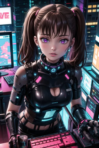 masterpiece,best quality,highres,ultra-detailed,diane, ((twintails)), purple eyes, brown hair, bangs, ((hacker)), ,fishnets ,computer, monitor, wive, cable,(( cyberpunk)), indoors, neon nigth, ((Cyborg)), ((star wars)), chip, cyberpunk, collar, confident and curious gaze, futuristic cyberpunk hacker attire, high-tech bodysuit with glowing circuitry patterns, fingerless gloves underground hacker den, surrounded by screens displaying code and data, typing rapidly on a holographic keyboard, exuding intelligence and tech-savviness, cyberpunk and gritty atmosphere, dark color palette with neon highlights,