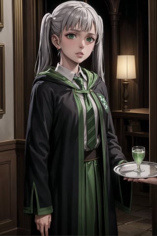 (best quality), (highly detailed), masterpiece, (official art),noelle_silva, twintails, bangs, silver hair , light green eyes, , ((hogrobe)), ((black robe,slytherin)), green tie, magic, (green lips), (lips:1.2), holding tray, tray, earrings, jewlery, expressionless, (best quality), (highly detailed), masterpiece, (official art), green eyes ,(empty eyes)