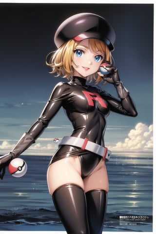 ((best quality)),  ((highly detailed)),  masterpiece,  ((official art)),  ((serena)), 1girl, solo, orange hair, blue eyes, blonde hair, short hair, bangs, poke ball, poke ball (basic), holding poke ball, black headwear, cabbie hat, hat, posing, lips, ( evil smile), ,Grunt Team Rocket, dress, black dress, (leotard, latex), long sleeves, gloves, elbow gloves, belt, grey belt, thighhighs, 1girl,simple background,smile,(sea background), posing,