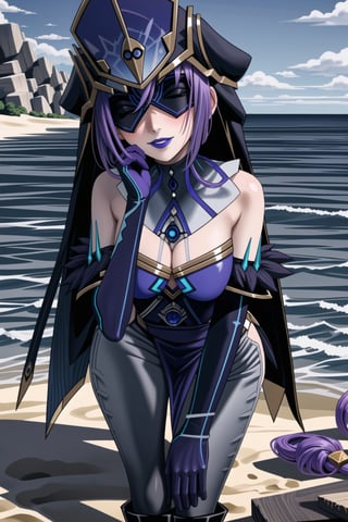((best quality)),  ((highly detailed)), ((sumire kakei, long hair:1.2, purple hair)) , masterpiece, 1girl,  evil smile:1.2, smug, seductive smile, solo, ,lips, makeup, ,standing,  blindfold, mask, eye mask,MirrorMaiden, dress, cleavage, makeup, lipstick, ((blue lips:1.2)), blue headwear, hat, fur trim, blue gloves, gloves, elbow gloves, white pants,boots,  blush, beach, sand, water, posing, outdoors, ,MirrorMaiden,sumire kakei,<lora:659111690174031528:1.0>