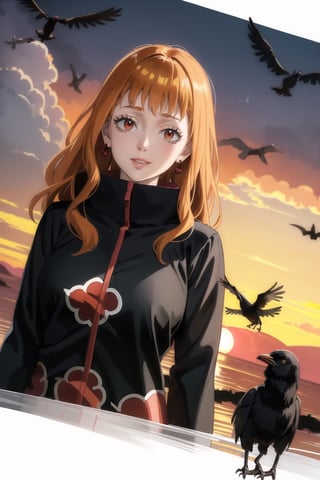 anime, hdr, soft light, ((best quality)), ((masterpiece)), (detailed), mimosa vermillion, wavy hair:1.2, red eyes, red earrings, red hair, orange hair, lips, makeup, head tilt, smile, (lips), (akatsuki outfit:1.2),high neck, high_collar, black dress, long sleeves, looking at viewer, upper body, dutch angle, village, (((crows))),sunset, rain, water drop, nature, ,akatsuki outfit, bird, crow, eagle, black feathers, bird on shoulder, sunset, orange sky, outdoors, upper body,fantasy00d,