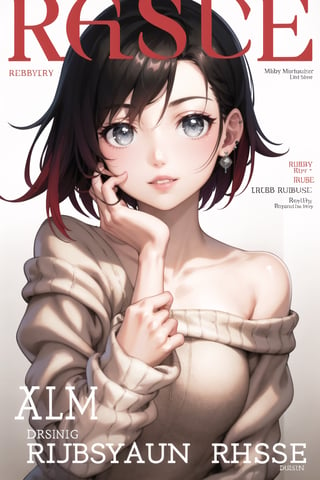 masterpiece, best quality, highres, ((ruby rose)),magazine cover, 1girl, looking at viewer, smile,long sleeves, jewelry, upper body, earrings, parted lips, off shoulder, character name, sweater, english text, lips, hand on own face, off-shoulder sweater, yellow sweate