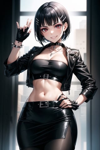 ((best quality)),  ((highly detailed)),  masterpiece,  ((official art)),  detailed face,  beautiful face,  (detailed eyes,  deep eyes),((extended_arm, presenting_gift, shopping_bag, gift_giving, front_view, gesture)),(science fiction, cyberpunk, room, dark background),((smirk, grin, naughty face, seductive smile, smug, arm behind head, hand_on_own_hip, head_tilt)),, ,cowboy shot,(lips), ,kirigaya suguha, blunt bangs, short bangs, black hair:1.3, short hair, hair ornament, hairclip,(red eyes),  cross-laced clothes, (spiked bracelet), necklace, corset, bustier, hoop earring, curvaceous, voluptuous body, navel, (makeup:1.3) (lips:1.3), (latex), (black top), (black tube top:1.2), gloves, fingerless gloves, jacket, skirt, black choker, black leather jacket, (dark jacket), belt, pencil skirt, pantyhose, open jacket, miniskirt, (black skirt), black gloves, black legwear, black choker, medium breast, conspicuous elegance, snobby, upper class elitist, possesses an arroaant charm. her Dresence commands attention and enw, (intricately detailed, hyperdetailed), blurry background, depth of field, best quality, masterpiece, intricate details, tonemapping, sharp focus, hyper detailed, trending on Artstation, 1 girl, solo, high res, official art,kirigaya suguha