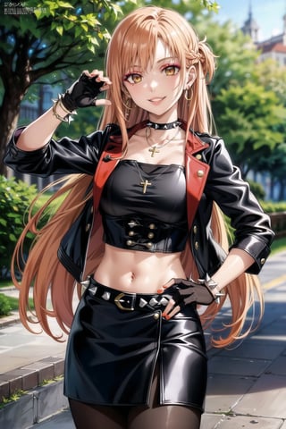 (best quality), (highly detailed), masterpiece, (official art), , aaasuna ,brown eyes, long hair, (orange hair), (multicolores hair:1.2, red hair:1.2), smirk, grin, smile, cross-laced clothes,  (spiked bracelet),  necklace, corset,  bustier, park,  hoop earring, hand on hip ,navel, (makeup:1.3) (lips:1.3),  (seductive pose:1.2), (latex), (black top),  (black tube top:1.2), gloves,  fingerless gloves, ((jacket)),  skirt,  black choker,  black leather jacket,  (dark jacket), belt,  pencil skirt,  pantyhose,  open jacket,  miniskirt,  (black skirt),  black gloves,  black legwear,  black choker,  medium breast,  standing, , (park), (tree), standing (intricately detailed,  hyperdetailed),  blurry background, depth of field,  best quality,  masterpiece,  intricate details,  tonemapping,  sharp focus, hyper detailed, trending on Artstation,1 girl, solo,high res,official art, ,edgCJ