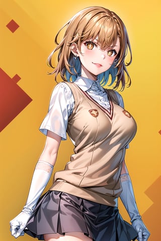 ((best quality)),  ((highly detailed)),  masterpiece,1girl, ((symbol-shaped pupils, +_+, closed_mouth, sparkling_eyes, smug, shaded_face,evil smile)),(large breasts), tokiwadai school uniform, sweater vest, short sleeves, (](white gloves, elbow gloves)), pleated skirt, white thighhighs ,1girl, lips:1.3, red lips, makeup:1.3, ((gyaru)) ,jewelry, blush, earrings, looking at viewer, standing, cowboy shot, red hair, school, short hair, aamikoto ,hmmisaki,hypnoCollar,V-shaped eyebrows, 1girl,dizzy-swirl eyes
