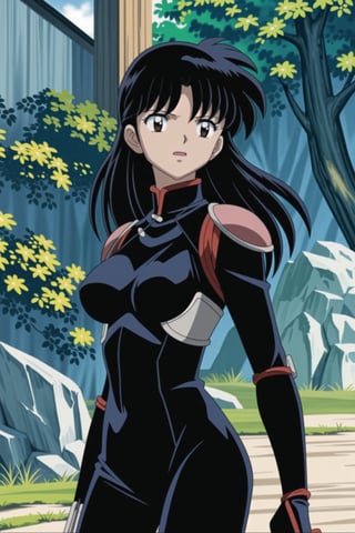 ((best quality)), ((highly detailed)), masterpiece, ((official art), medium breasts, (((bodysuit, pauldrons, armor))),(higurashi kagome, black hair, brown eyes, long hair), lips,  Japan, intricately detailed, hyperdetailed, blurry background,depth of field, best quality, masterpiece, intricate details, tonemapping, sharp focus, hyper detailed, trending on Artstation,1 girl, high res, official art,beautiful detailed eyes,,<lora:659111690174031528:1.0>