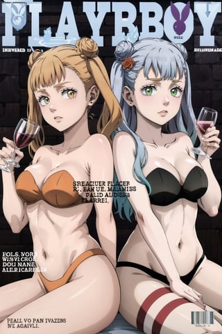 masterpiece, best quality, highres, ,mimosa vermillion, orange hair, ,green eyes, noelle_silva twintails, silver hair, purple eyes,magazine cover, playboy,  (((multiple girls,  2girls))),   hair ornament,flower, hair flower, english text, cup, orange eyes, double bun, rose, alcohol, drinking glass, wine glass, wine, barcode, 