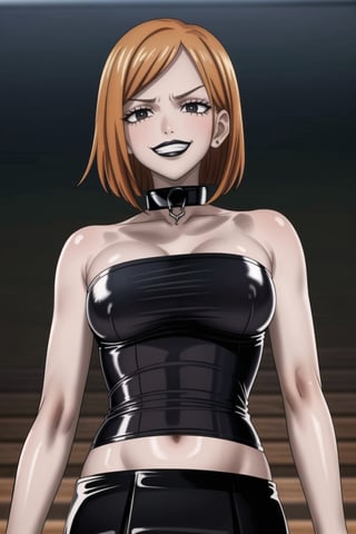 ((best quality)), ((highly detailed)), masterpiece, (Black lips:1.4), ((official art)), detailed face, beautiful face,(detailed eyes, deep eyes),  ((smirk, grin, naughty face, seductive smile, smug)), nobara kugisaki, brown hair, orange hair, black eyes,(makeup) (lips:1.3),1girl, solo,  looking at viewer, earrings, jewelry, blush, collarbone, jewlery, ((miniskirt)),(latex:1.4), navel, (black tank top), ((strapless:1.2)), pleated skirt, ,  (intricately detailed, hyperdetailed), blurry background, depth of field, best quality, masterpiece, intricate details, tonemapping, sharp focus, hyper detailed, trending on Artstation, 1 girl, solo, high res, official art ,collar,b1mb0,StandingAtAttention,empty 
eyes,RockOfSuccubus,,<lora:659111690174031528:1.0>