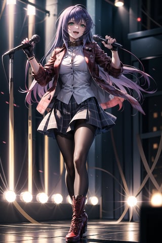 ((best quality)),  ((highly detailed)),  masterpiece,1girl, solo, smile, open mouth, skirt, shirt, hair ornament, gloves,  holding, jacket, full body, pantyhose,  boots, black gloves, hairclip, fingerless gloves, collar, two-tone hair, red hair, black jacket, plaid, black shirt, red skirt, plaid skirt, red footwear, microphone, red nails, spikes, cross-laced footwear, music, leather, holding microphone, singing, leather jacket ,(sasha, long hair, purple hair, green eyes)