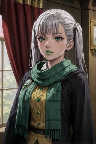 (best quality), (highly detailed), masterpiece, (official art),noelle_silva, twintails, bangs, silver hair , light green eyes, , hogrobe, (black robe,slytherin), green tie, hogscarf, magic, (green lips), (lips), (best quality), (highly detailed), masterpiece, (official art), green eyes
,(empty eyes)