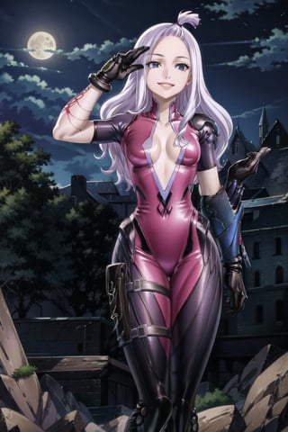 ((best quality)), ((highly detailed)), masterpiece, ((official art)), miradef, white hair, ligth smile, (widowsuit:1.2), medium breasts, tattoo, (arm tattoo:1.2) ,pose, best quality, masterpiece, intricate details, scenary, city, outdoors, rain, water drop, night, sky, moon, trending on Artstation, thigh gap,  black gloves,