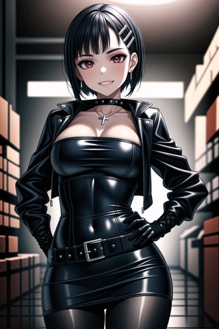 ((best quality)),  ((highly detailed)),  masterpiece,  ((official art)),  detailed face,  beautiful face,  (detailed eyes,  deep eyes),((extended_arm, presenting_gift, shopping_bag, gift_giving, front_view, gesture)),(science fiction, cyberpunk, room, dark background),((smirk, grin, naughty face, seductive smile, smug, arm behind head, hand_on_own_hip, head_tilt)),, ,cowboy shot,(lips), ,kirigaya suguha, blunt bangs, short bangs, black hair:1.3, short hair, hair ornament, hairclip,(red eyes),  cross-laced clothes, (spiked bracelet), necklace, corset, bustier, hoop earring, curvaceous, voluptuous body, navel, (makeup:1.3) (lips:1.3), (latex), (black top), (black tube top:1.2), gloves, fingerless gloves, jacket, skirt, black choker, black leather jacket, (dark jacket), belt, pencil skirt, pantyhose, open jacket, miniskirt, (black skirt), black gloves, black legwear, black choker, medium breast, conspicuous elegance, snobby, upper class elitist, possesses an arroaant charm. her Dresence commands attention and enw, (intricately detailed, hyperdetailed), blurry background, depth of field, best quality, masterpiece, intricate details, tonemapping, sharp focus, hyper detailed, trending on Artstation, 1 girl, solo, high res, official art,kirigaya suguha,<lora:659111690174031528:1.0>