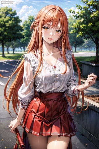 (best quality), (highly detailed), masterpiece, (official art), , aaasuna ,brown eyes, long hair, (orange hair), (multicolores hair:1.2, red hair:1.2),, smile, (lips),  white blouse,  long sleeves,  collarbone,  pleated skirt,  red skirt,  medium breast,  standing, , (park), (tree), standing (intricately detailed,  hyperdetailed),  blurry background, depth of field,  best quality,  masterpiece,  intricate details,  tonemapping,  sharp focus, hyper detailed, trending on Artstation,1 girl, solo,high res,official art,