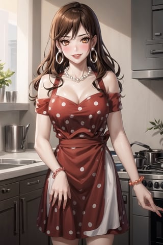 ((best quality)),  ((highly detailed)),  masterpiece,1girl, 1girl,  evil smile:1.2, smug, seductive smile, solo,   (Stepford),lips, makeup, lipstick,red lips, (pose),(polka dot:1.4), (polka dot dress:1.4),(pearl necklace:1.2), pearl bracelet, bare shoulders,(red dress:1.2),(aroused), blush ,standing,  (large pearl necklace), (hoop earrings:1.2),  (apron), blush,, looking at viewer, standing, cowboy shot, fingernails, kitchen, cooking, indoors, house, windows, cortain, food, hori kyouko, brown hair, orange eyes