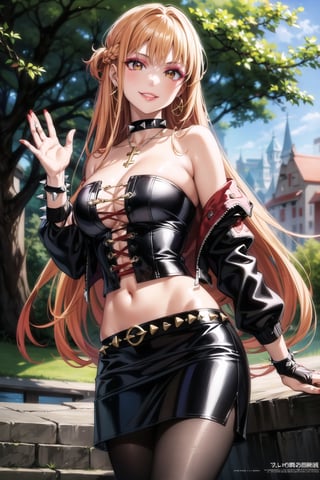 (best quality), (highly detailed), masterpiece, (official art), , aaasuna ,brown eyes, long hair, orange hair, (multicolores hair:1.2, red hair:1.2), smirk, grin, smile, (makeup:1.3) (lips:1.3), ((raising_hand:1.2)), ((greeting:1.2)), 
hoop earring, black choker, necklace, (spiked bracelet), fingerless gloves,  black gloves, 
medium breast , (bustier:1.2), (cross-laced clothes:1.2), (latex), (black tube top:1.2), (jacket:1.3), (covered shoulders:1.2),  black leather jacket,
navel, belt, pencil skirt, (black skirt), pantyhose, black legwear, , (park), (tree), standing, (intricately detailed, hyperdetailed), blurry background,depth of field, best quality, masterpiece, intricate details, tonemapping, sharp focus, hyper detailed, trending on Artstation,1 girl, solo,high res,official art