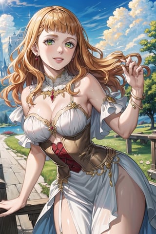 ((best quality)), ((highly detailed)), masterpiece, ((official art)), mimosa vermillion, orange hair, green eyes, floating_hair, smile, (lips), WHITE DRESS, (gold jewelery:1.3),(goddess), golden corset ,best quality, masterpiece, intricate details, scenary, outdoors, flower, tree, day, cloud,trending on Artstation