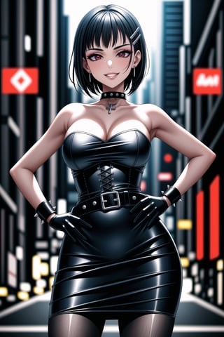 ((best quality)),  ((highly detailed)),  masterpiece,  ((official art)),  detailed face,  beautiful face,  (detailed eyes,  deep eyes),((extended_arm, presenting_gift, shopping_bag, gift_giving, front_view, gesture)),(science fiction, cyberpunk:1.2, street, shopping, dark background),((smirk, grin, naughty face, seductive smile, smug, arm behind head, hand_on_own_hip, head_tilt)),, ,cowboy shot,(lips), ,kirigaya suguha, blunt bangs, short bangs, black hair:1.3, short hair, hair ornament, hairclip,(red eyes),  cross-laced clothes, (spiked bracelet), necklace, corset, hoop earring, curvaceous, voluptuous body, (makeup:1.3) (lips:1.3), (latex),  (black strapless:1.2), gloves, fingerless gloves, skirt, black choker, belt, pencil skirt, pantyhose, miniskirt, (black skirt), black gloves, black legwear, black choker, medium breast, conspicuous elegance, snobby, upper class elitist, possesses an arroaant charm. her Dresence commands attention and enw, (intricately detailed, hyperdetailed), blurry background, depth of field, best quality, masterpiece, intricate details, tonemapping, sharp focus, hyper detailed, trending on Artstation, 1 girl, solo, high res, official art,<lora:659111690174031528:1.0>