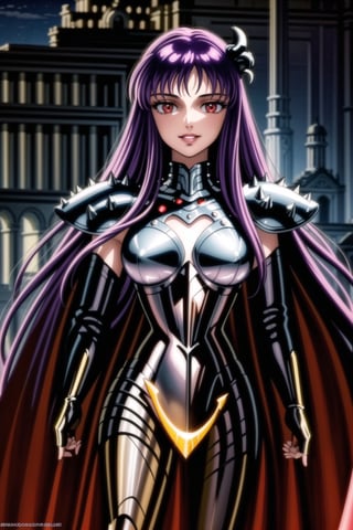 (best quality), (highly detailed), masterpiece, (official art), Saori, long hair, ((purple hair)), ((red eyes)), lips, (( evil smile)),((( black cape, nigth))),  ((latex, black armor, bodysuit, shoulder armor, spikes, pauldrons, black bodysuit )), outdoors, temple, (intricately detailed, hyperdetailed), blurry background,depth of field, best quality, masterpiece, intricate details, tonemapping, sharp focus, hyper detailed, trending on Artstation,1 girl, solo,high res,official art,hades_armor,<lora:659111690174031528:1.0>