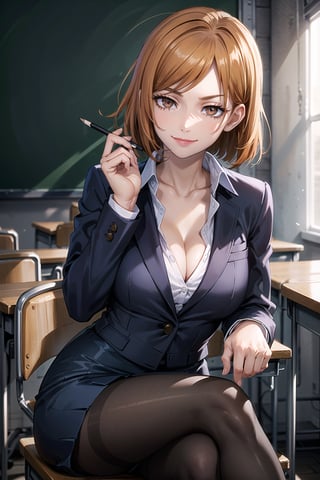 ((best quality)), ((highly detailed)), masterpiece, ((official art)),nobara kugisaki, orange hair, brown hair, brown eyes, breasts, looking at viewer, smile, skirt, large breasts, shirt, long sleeves, cleavage, sitting, collarbone, jacket, white shirt, pantyhose, indoors, english text, formal, crossed legs, suit, desk, pencil skirt, classroom, chalkboard, on desk, teacher, skirt suit, sitting on desk, intricately detailed, hyperdetailed, blurry background,depth of field, best quality, masterpiece, intricate details, tonemapping, sharp focus, hyper detailed, trending on Artstation,1 girl, high res, official art,beautiful detailed eyes,