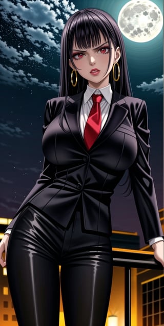 noelle_silva, bangs, ((black hair)), ((long hair)),  (((hoop earrings, makeup, lips))), ((large breast)) ,(((narrow_waist))), ((((black suit, black pants)))), white shirt, red necktie, 1girl, earrings, jewelry, night, solo, outdoors, city, star \(sky\), ((red necktie:1.2)), moon, night sky, red eyes, starry sky, sky, shirt, moonlight, formal, standing, full moon, suit, cowboy shot, day,  pants, blue sky,((((black business suit)))), standing,sexy lawyer,(glaring:1.2),glistening skin, (black suit:1.5),  ,,,,<lora:659111690174031528:1.0>