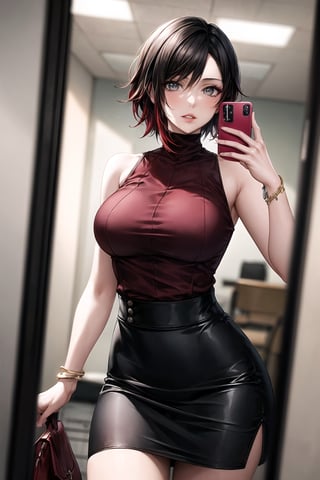 ((best quality)),  ((highly detailed)),  masterpiece,  ((official art)), (ruby rose), lips, sleeveless, bare shoulders, figure, turtleneck, black pencil skirt, office, lady office, print skirt, floral print, high-waist skirt, shirt_tucked_in, building, bracelet, parted lips, cellphone picture, indoors, intricately detailed, hyperdetailed, blurry background, depth of field, best quality, masterpiece, intricate details, tonemapping, sharp focus, hyper detailed, trending on Artstation, 1 girl, high res, official art,
