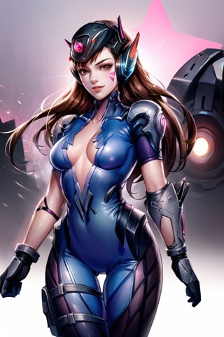 ((best quality)), ((highly detailed)), masterpiece, ((official art)), aahana, long hair, brown hair, headphones, whisker markings, shoulder pads,(widowsuit:1.1), medium breasts, tattoo, arm tattoo, pink bodysuit, (head-mounted display:1.3),ligth smike, lips,best quality, masterpiece, intricate details, tonemapping, sharp focus, hyper detailed, trending on Artstation,1 girl, solo,looking at viewer, thigh gap, cowboy shot, standing