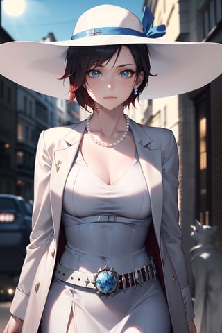 (best quality), (highly detailed), masterpiece, (official art), ,(ruby rose:1.2), lips:1.2, lips, blue earrings:1.3,jewelery:1.3, circlet:1.2, ((long sleeves, hat, dress, ribbon, closed mouth, collarbone, jacket,  belt, white dress,  white headwear, hat ribbon, blue ribbon, blue suit:1.2, pearl necklace:1.3, cropped suit, sun hat, v arms:1.3)), looking at viewer, china, asiática, city, night, sky,  (intricately detailed, hyperdetailed), blurry background,depth of field, best quality, masterpiece, intricate details, tonemapping, sharp focus, hyper detailed, trending on Artstation,1 girl, high res, official art,StandingAtAttention,bestiality