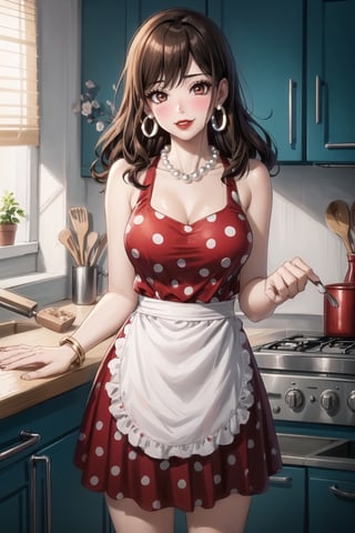((best quality)),  ((highly detailed)),  masterpiece,1girl, 1girl,  seductive smile, solo,   (Stepford),lips, makeup, lipstick,red lips, (pose),(polka dot:1.4), (polka dot dress:1.4),(pearl necklace:1.2), pearl bracelet, bare shoulders,(red dress:1.2),(aroused), blush ,standing,  (large pearl necklace), (hoop earrings:1.2),  (apron), blush,, looking at viewer, standing, cowboy shot, fingernails, kitchen, cooking, indoors, house, windows, cortain, food, hori kyouko