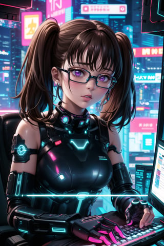 masterpiece,best quality,highres,ultra-detailed,diane, ((twintails)), purple eyes, brown hair, bangs,  ((hacker)), ,fishnets ,computer, monitor, wive, cable,(( cyberpunk)), indoors, neon nigth, ((Cyborg)), ((star wars)), chip, cyberpunk, collar, confident and curious gaze, futuristic cyberpunk hacker attire, high-tech bodysuit with glowing circuitry patterns, fingerless gloves and augmented reality glasses, underground hacker den, surrounded by screens displaying code and data, typing rapidly on a holographic keyboard, exuding intelligence and tech-savviness, cyberpunk and gritty atmosphere, dark color palette with neon highlights