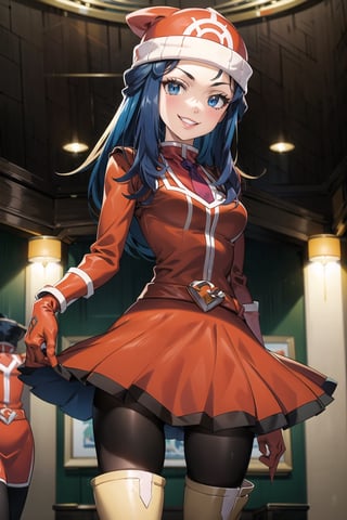 (best quality), (highly detailed), masterpiece, (official art), dawn \(pokemon\), red beanie, bangs, long hair, blue hair, blue eyes,  (team flare:1.2), gloves,juliet_sleeves, long_sleeves , pleated skirt, thighhighs, hat, thigh boots, dress, belt, red dress, pantyhose, (lips:1.2), grin, smirk, (seductive pose:1.2), cowboy shot, looking at viewer, indoors, blurry background,depth of field, best quality, masterpiece, intricate details, tonemapping, sharp focus, hyper detailed, trending on Artstation,