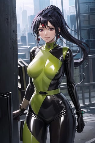 ((best quality)),  ((highly detailed)),  masterpiece,  ((official art)),  akeno himejima, pony tail, long hair, , earrings, jewelery, (microchip), cyberpunk, paris, ruin, water drop, (shegosuit), green bodysuit, latex ,smile, lips, pose, cowboy_shot, scenery, intricately detailed,  hyperdetailed,  blurry background, depth of field,  best quality,  masterpiece,  intricate details,  tonemapping,  sharp focus,  hyper detailed,  trending on Artstation, 1 girl,  high res,  official art,